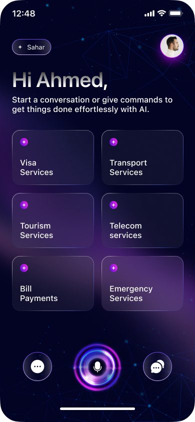Sahar home screen: start a conversation or pick a service
